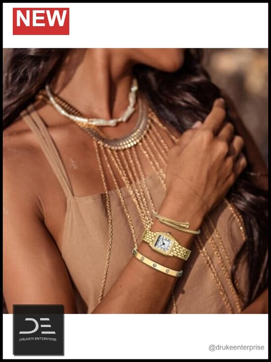 Gold Bangle Watch and Bracelet Set with Adjustable Links